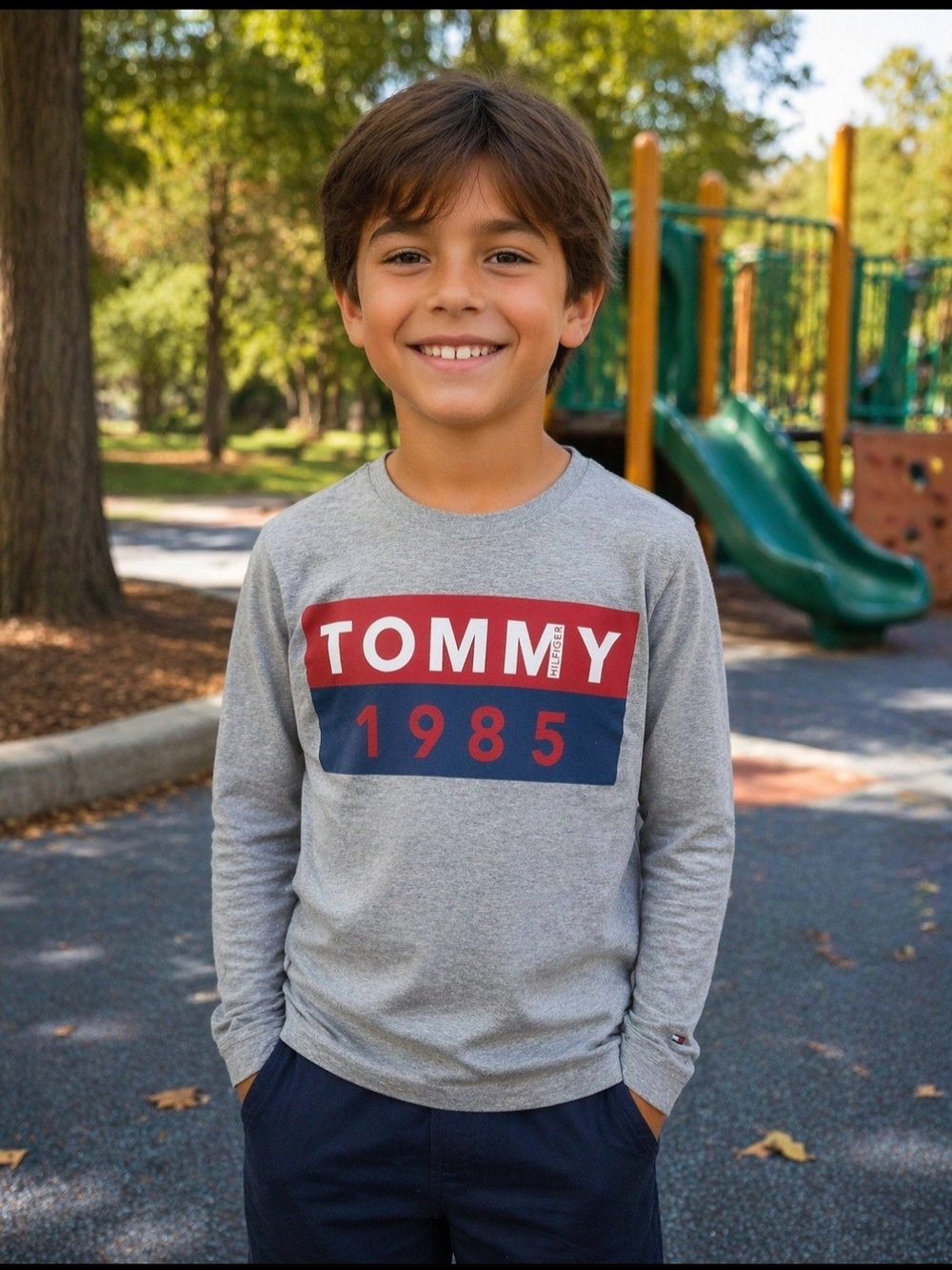 Tommy Hilfiger 1985 Gray Long-Sleeve Tee with Red & Navy Logo, Sz 12/14